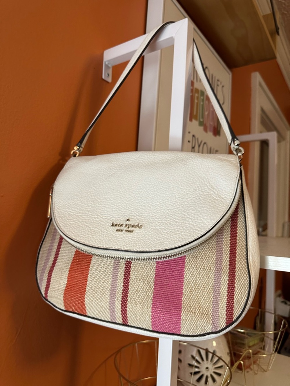KATE SPADE Leila Flap Cream Stripe Canvas Shoulder Bag(EUC)